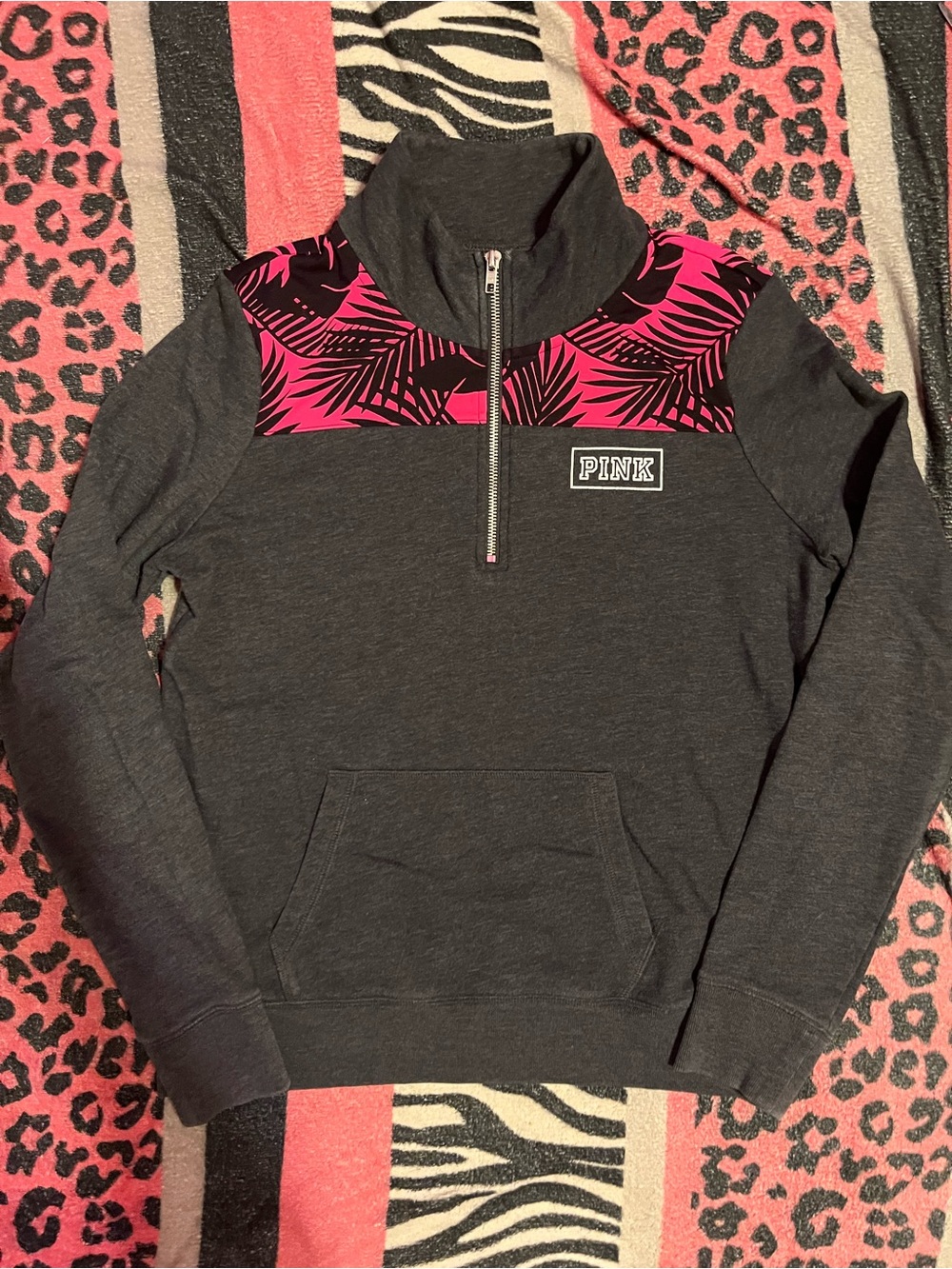 Vintage PINK Victoria's Secret grey and hot pink tropical zip up jacket